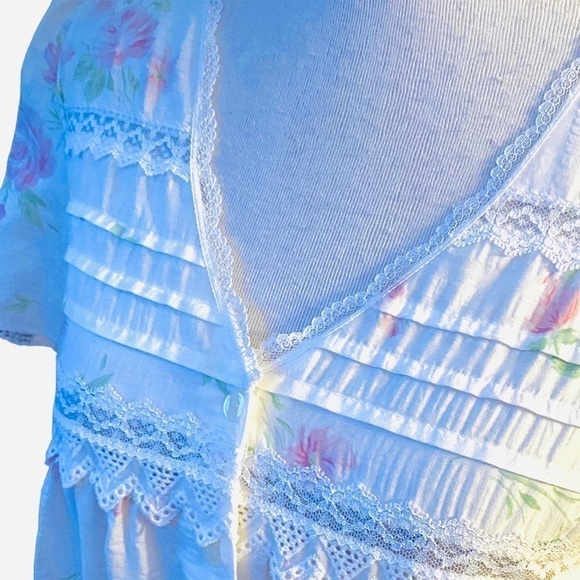 VTG Character Button Front Floral Roses Print Lace Eyelet Cotton House Coat Sz S - Picture 2 of 11